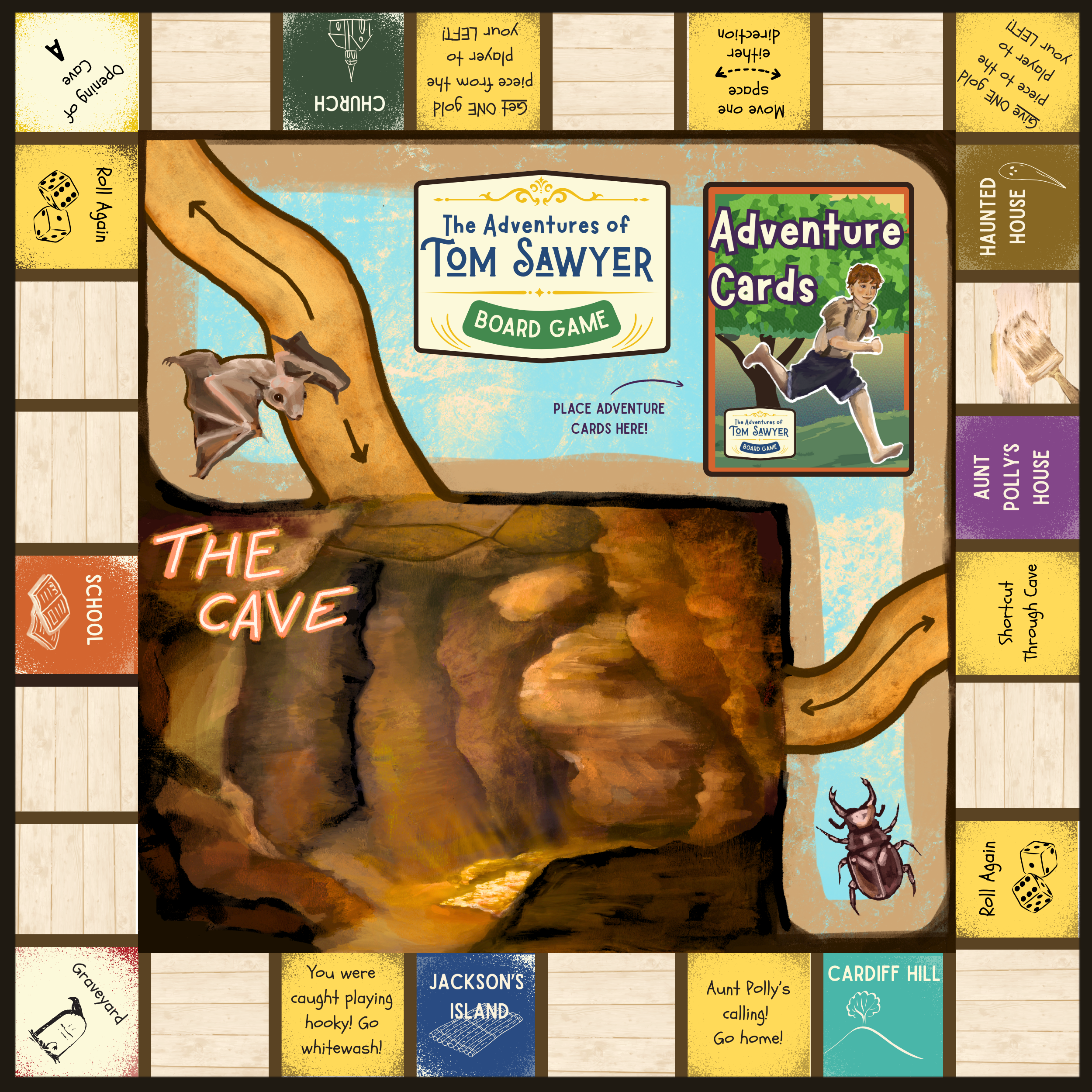 The Adventures of Tom Sawyer game board displayed on a wood surface, showing all 28 spaces around the Cave including locations like Cardiff Hill, Jackson's Island, Aunt Polly's House, the School, Graveyard, Haunted House, and Church